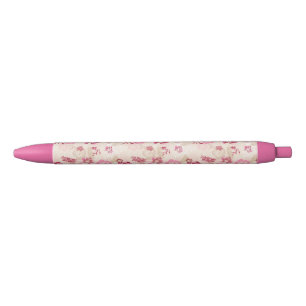 Cute pink modern flowers pattern black ink pen