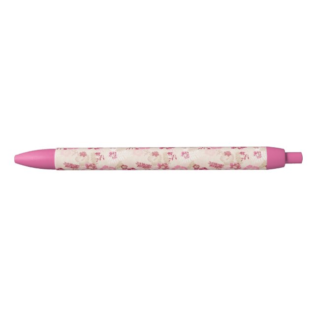 Cute pink modern flowers pattern black ink pen (Front)