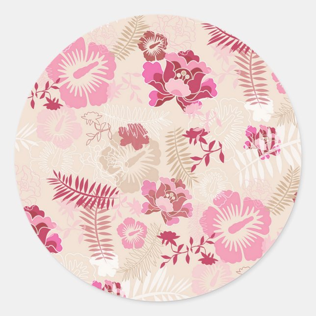 Cute pink modern flowers pattern classic round sticker (Front)