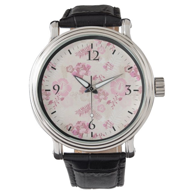 Cute pink modern flowers pattern watch (Front)