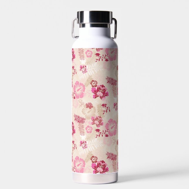 Cute pink modern flowers pattern water bottle (Front)