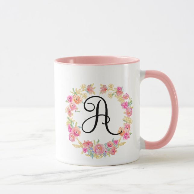 Cute Pink Monogram (A) Flower Wreath Mug (Right)