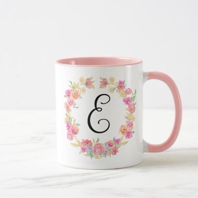 Cute Pink Monogram (E) Flower Wreath Mug (Right)