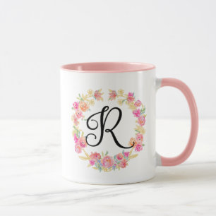 Cute Pink Monogram (R) Flower Wreath Mug