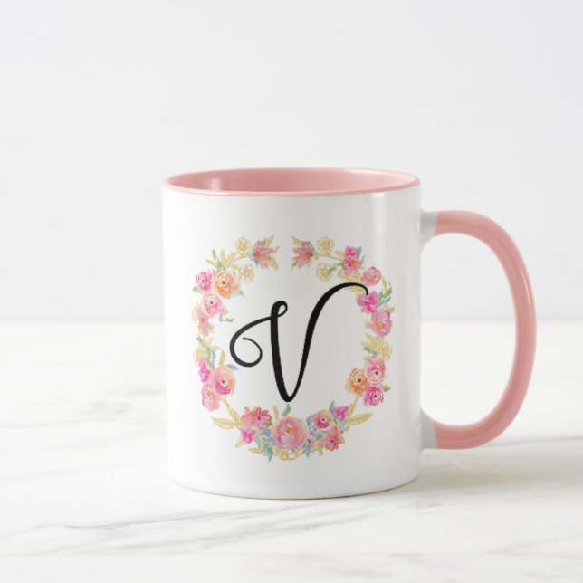 Cute Pink Monogram (V) Flower Wreath Mug (Right)