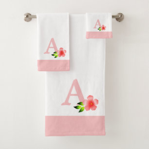 Cute pink monogram with flower bath towel set