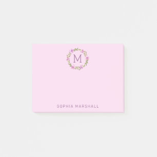 Cute Pink Monogrammed Floral Wreath Post-it Notes