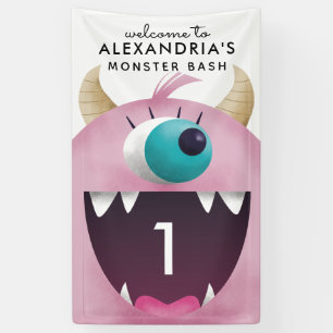Cute Pink Monster Birthday Party Any Age Banner