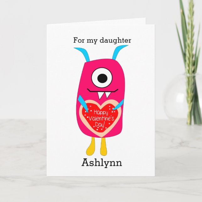 Cute Pink Monster Valentine Daughter Holiday Card (Front)