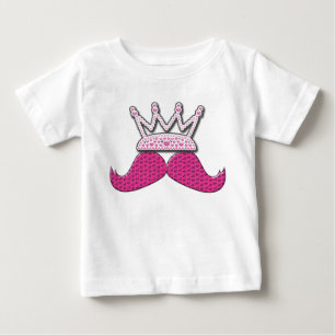 Cute Pink Moustache Printed Pearls Crown Baby T-Shirt