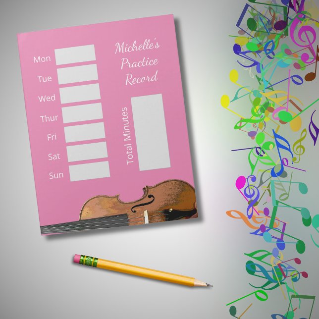 Cute Pink Musical Violin Lessons Practice Record Notepad (Creator Uploaded)