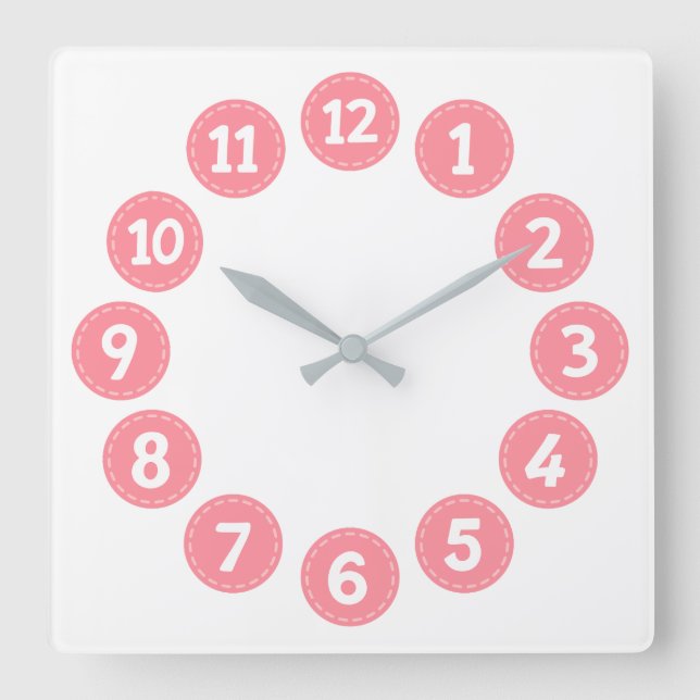 Cute Pink Numbers Square Wall Clock (Front)