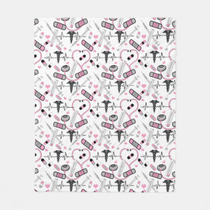 Cute Pink Nurse   Doctor EKG Stethoscope Pattern Fleece Blanket