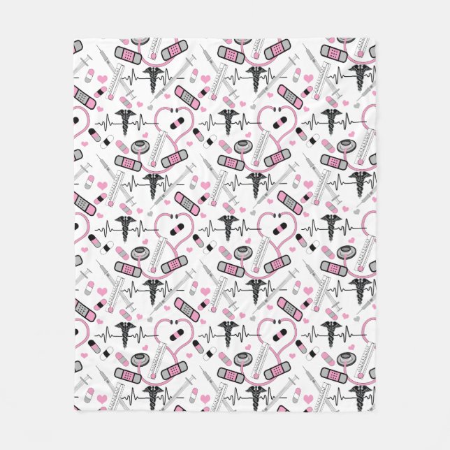Cute Pink Nurse | Doctor EKG Stethoscope Pattern Fleece Blanket (Front)
