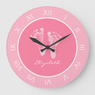 Cute Pink Nursery Footprints With Baby Girl Name Large Clock