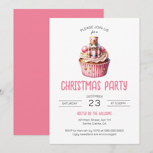Cute Pink Nutcracker Cupcake Christmas Party Invitation (Front/Back)