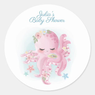 Cute Pink Octopus Baby Shower Classic Round Sticker