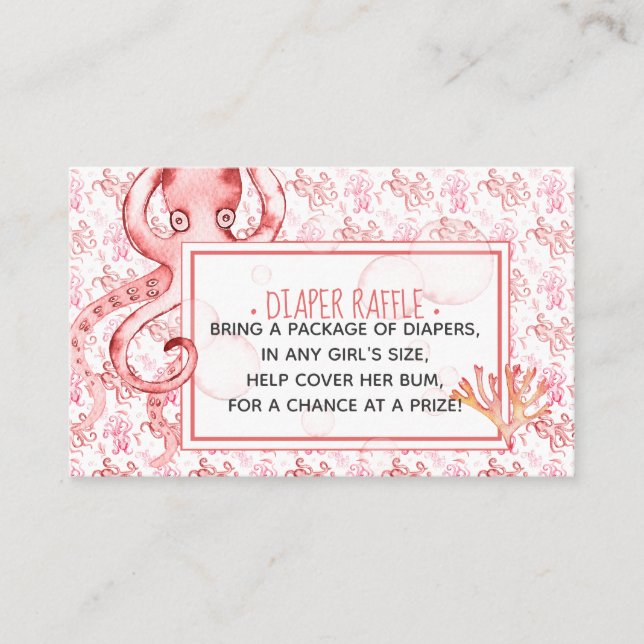 Cute Pink Octopus Baby Shower Diaper Raffle Card (Front)