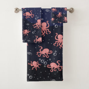 Cute Pink Octopus in Galaxy Ocean  Bath Towel Set