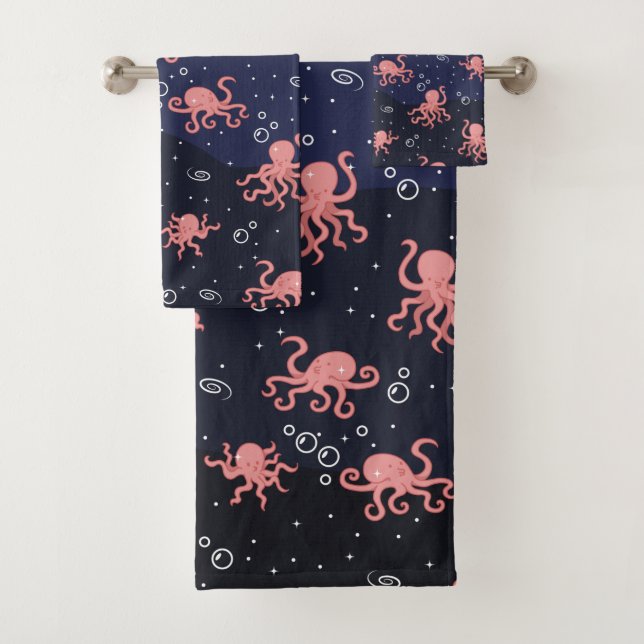 Cute Pink Octopus in Galaxy Ocean  Bath Towel Set (Insitu)