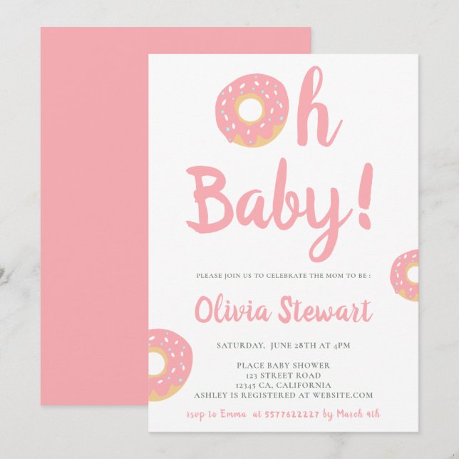 Cute pink oh baby doughnut script baby shower invitation (Front/Back)