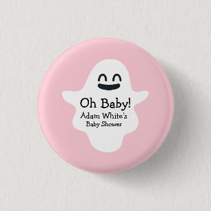 Cute Pink Oh Baby! Ghost Halloween Baby Shower 3 Cm Round Badge
