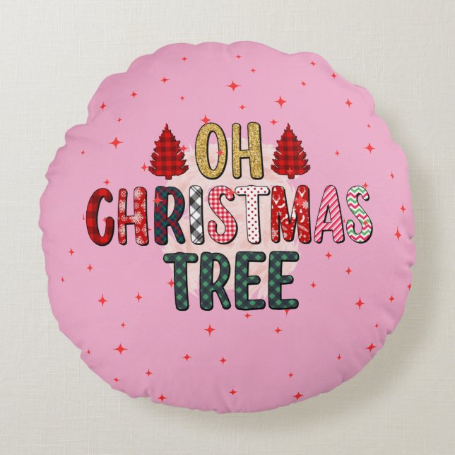 Cute pink OH Christmas tree custom family photo Round Cushion (Front)