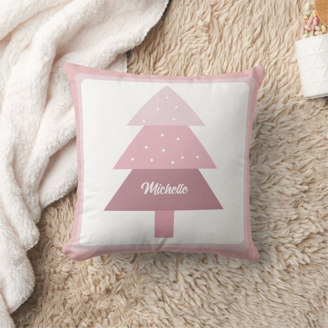 Cute Pink Ombre Christmas Tree Monogrammed Cushion (Blanket)