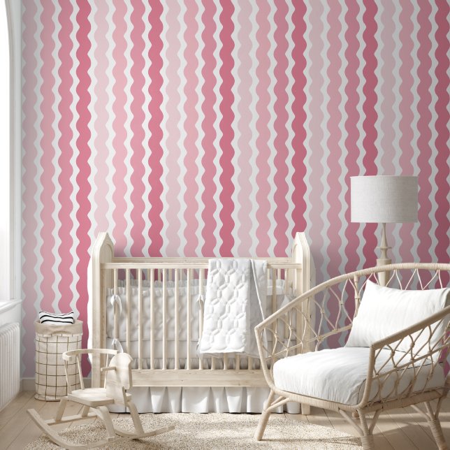 Cute Pink Ombre Ric Rac Vertical Striped Pattern Wallpaper (Kids)