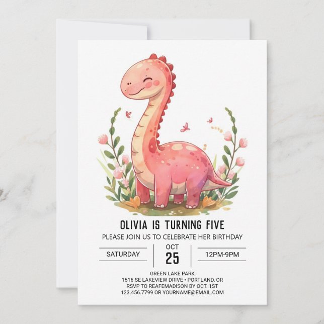 Cute Pink Online Dinosaur Girl Birthday  Invitation (Front)