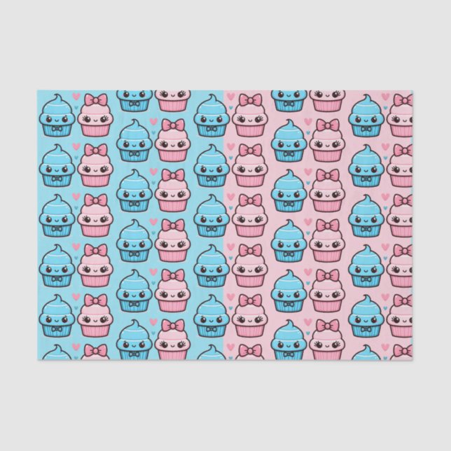 Cute Pink or Blue Gender Reveal Cupcakes Tissue Paper (Front)