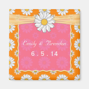 Cute Pink Orange and White Floral Daisy Wedding Magnet