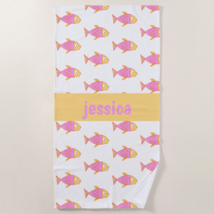 Cute pink & orange fish, personalised beach towel