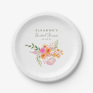 Cute Pink Orange Floral Watercolor Bridal Shower Paper Plate