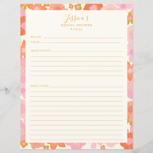 Cute Pink Orange Flowers Bridal Shower Recipe Page (Front)