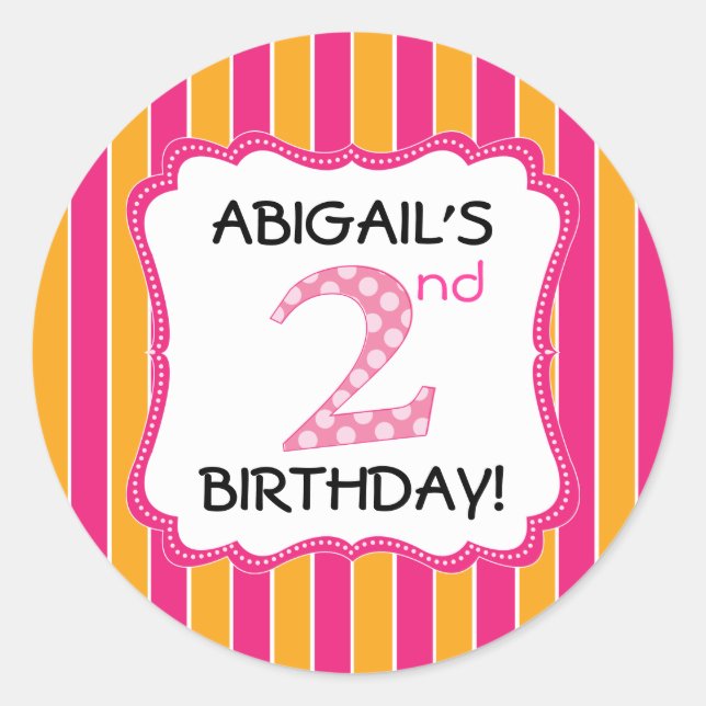Cute Pink/Orange Girls Second Birthday Classic Round Sticker (Front)