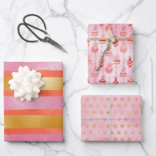 Cute Pink Orange Gold Christmas Holiday Wrapping Paper Sheet