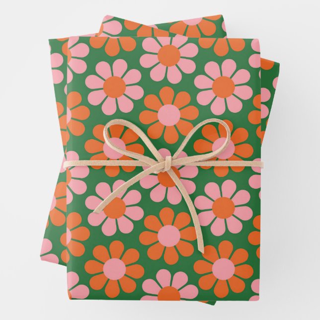 Cute Pink Orange Green Retro Flowers  Wrapping Paper Sheet (In situ)
