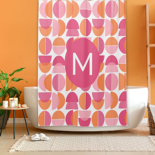 Cute Pink Orange Mid Century Modern Monogrammed Shower Curtain (Creator Uploaded)