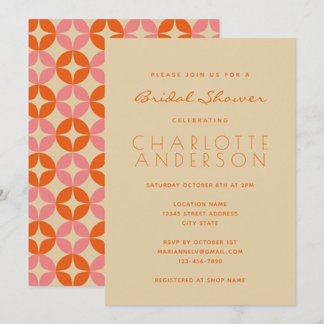 Cute Pink Orange Mid Mod Geometric Bridal Shower Invitation (Front/Back)
