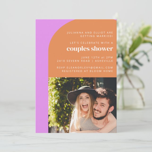 Cute Pink Orange Retro Arch Photo Couples Shower  Invitation (Standing Front)