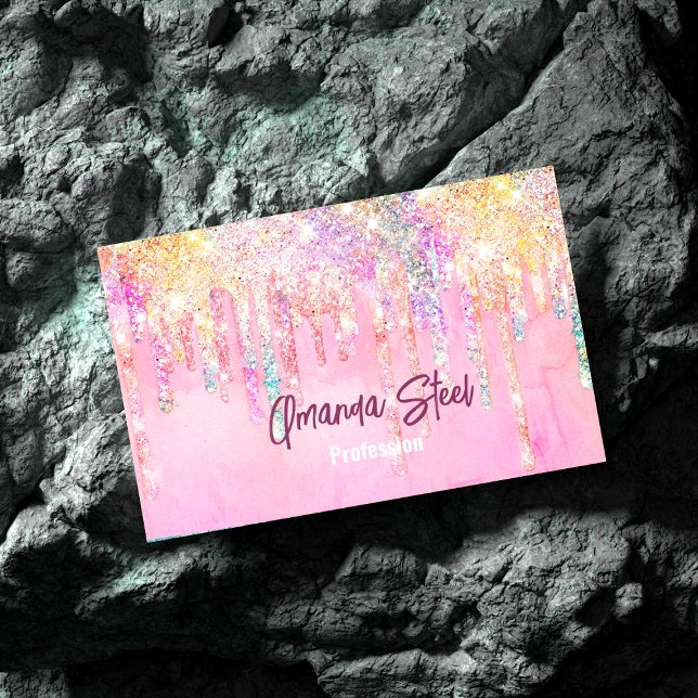 Cute Pink orange Unicorn Glitter Drips monogram Magnetic Business Card (Creator Uploaded)