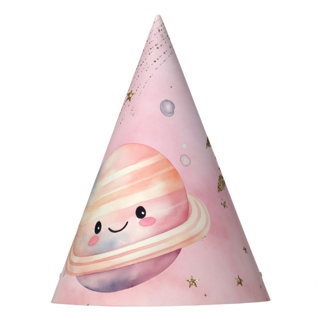 Cute pink Outer space planet girl Birthday Party Hat (Front)