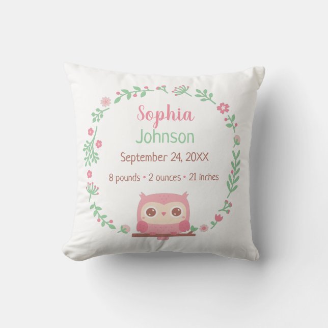 Cute Pink Owl and Floral Wreath, Baby Nursery Cushion (Front)