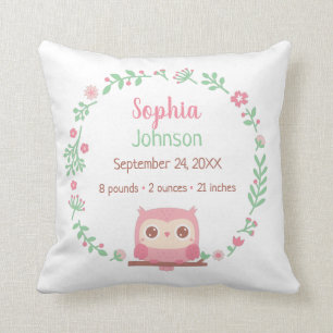 Cute Pink Owl and Floral Wreath, Baby Nursery Cushion