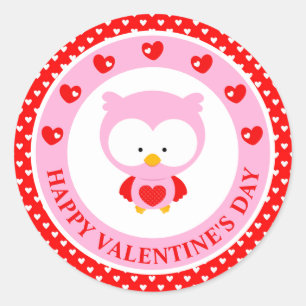 Cute Pink Owl and Hearts Valentine's Day Classic Round Sticker