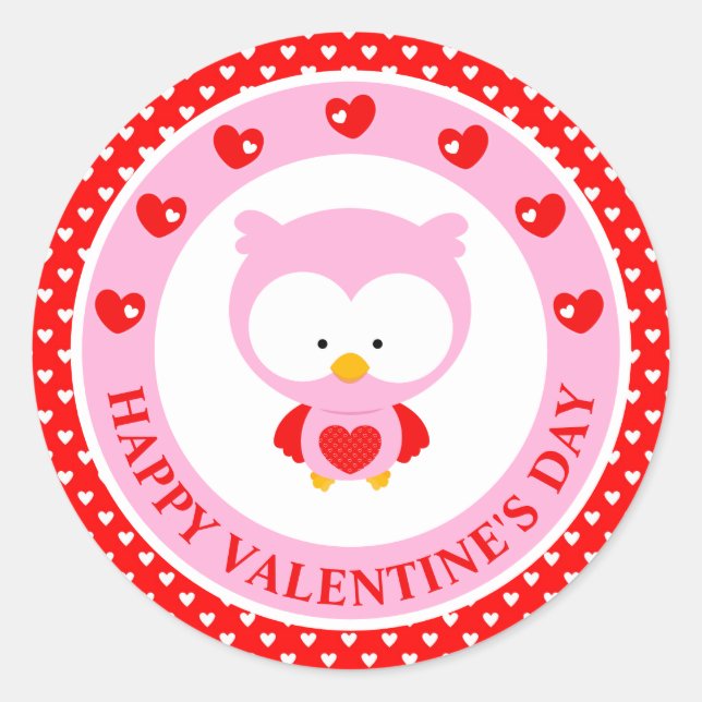 Cute Pink Owl and Hearts Valentine's Day Classic Round Sticker (Front)