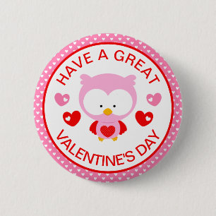 Cute Pink Owl and Hearts Valentine's Day Edible 6 Cm Round Badge