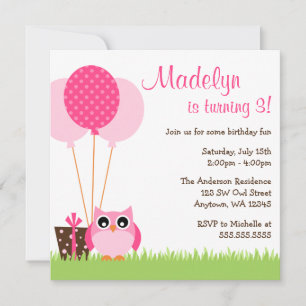 Cute Pink Owl Balloons Birthday Invitations