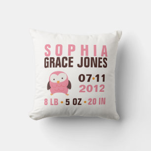Cute Pink Owl Birth Announcement Cushion